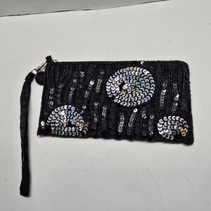 Black Beaded Sequin Wristlet Clutch Iridescent Swirl Evening Bag Handbag
